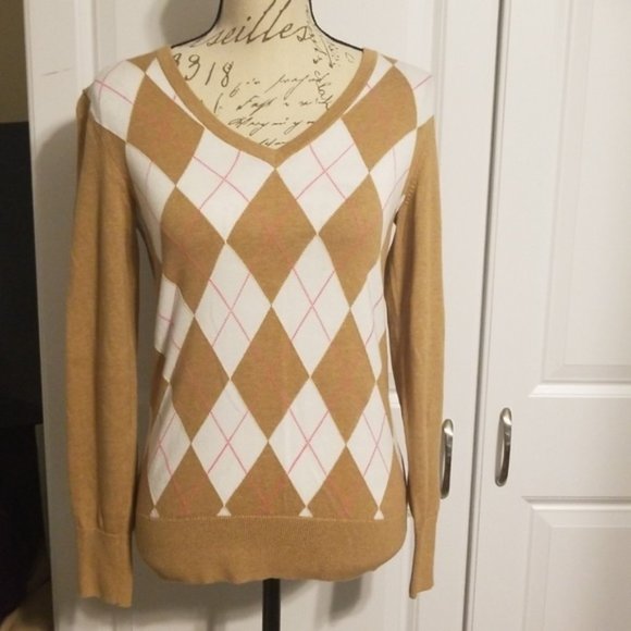 Tommy Hilfiger argyle tan white pink sweater - Picture 1 of 5